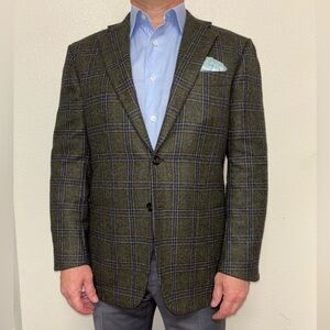 Kiton Olive and Navy Plaid Blazer